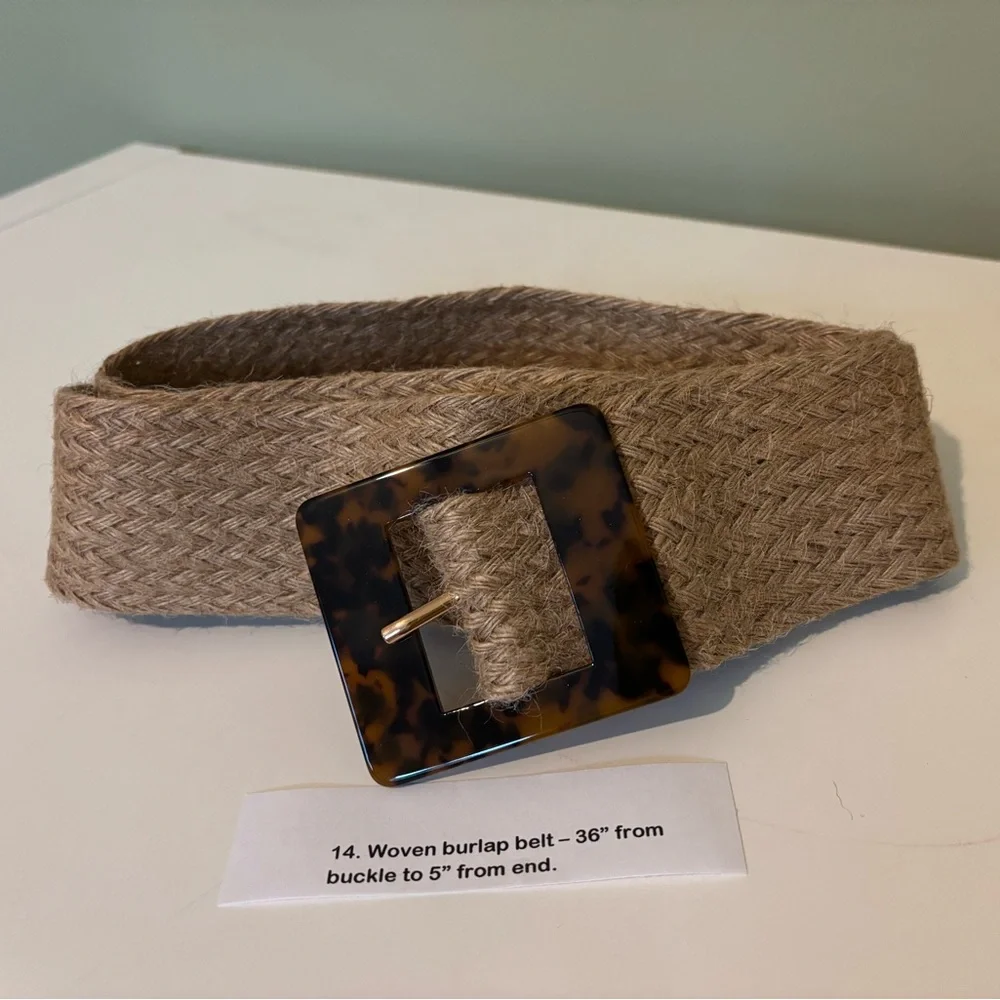 Woven Burlap Stretch Belt Large Tortoise Square Buckle Boho Neutral